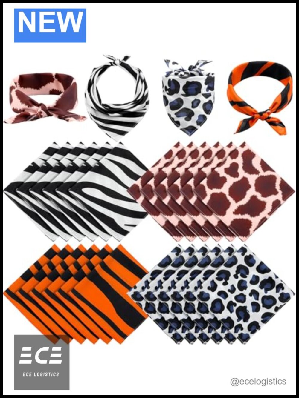 24 Pc Animal Print Bandana Set 20x20 Inch Polyester Scarves